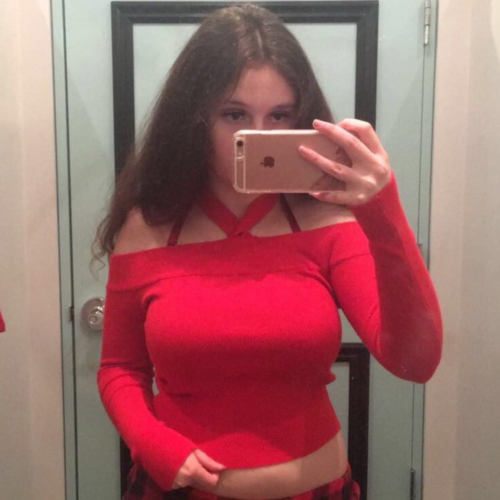 Red off the shoulder long sleeve shirt